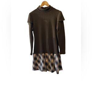 VINTAGE Wool Blend Brown Knit Drop Waist Plaid Skirt Long Sleeve Dress 48